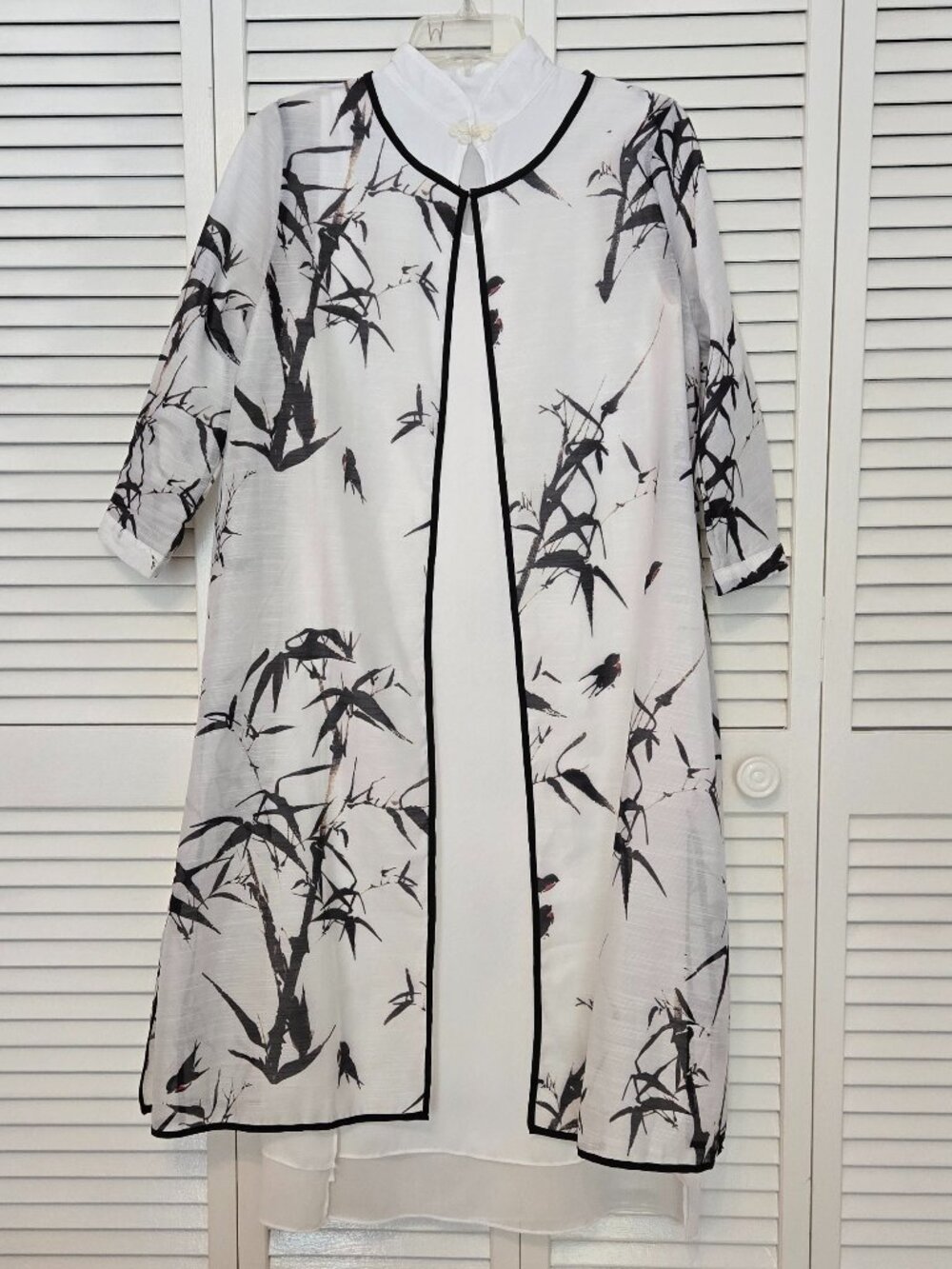 White Sleeveless Dress with Long Bamboo Print Jacket - Size M